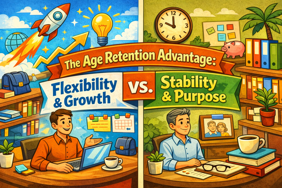 Comparison of younger and older workers highlighting flexibility, career growth, stability, and retention advantages in today’s workforce.