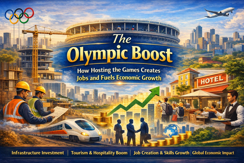 Olympic Games economic impact showing city construction, stadium development, and infrastructure growth tied to job creation