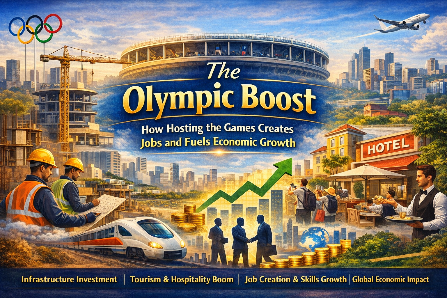 Olympic Games economic impact showing city construction, stadium development, and infrastructure growth tied to job creation