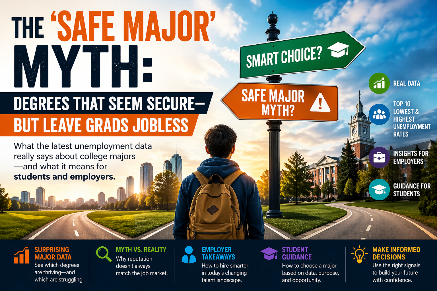 Bright, high-energy cover image showing a college student at a campus crossroads facing signs that question the “safe major” myth, with bold headline text and visual callouts about unemployment data, employer insights, and student guidance.