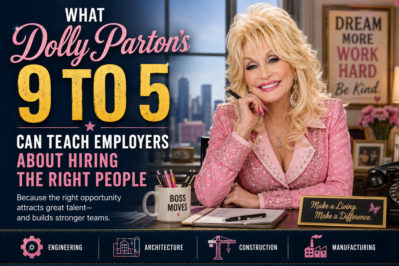 olly Parton-inspired 9 to 5 cover image highlighting lessons for employers about hiring the right people in engineering, architecture, construction, and manufacturing.