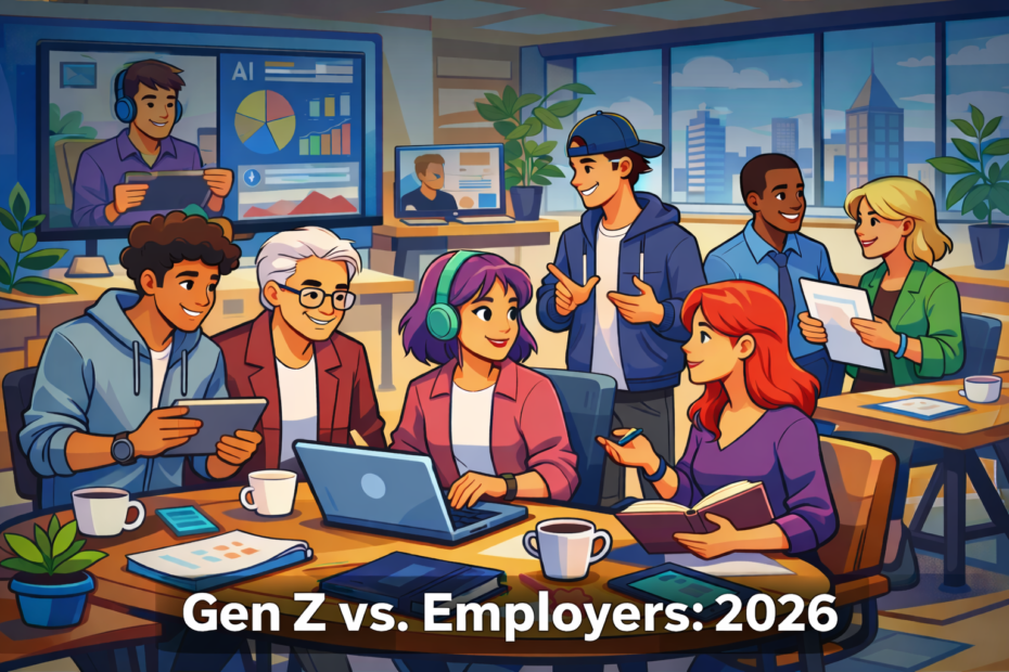 Gen Z professionals collaborating in a modern, flexible workplace in 2026