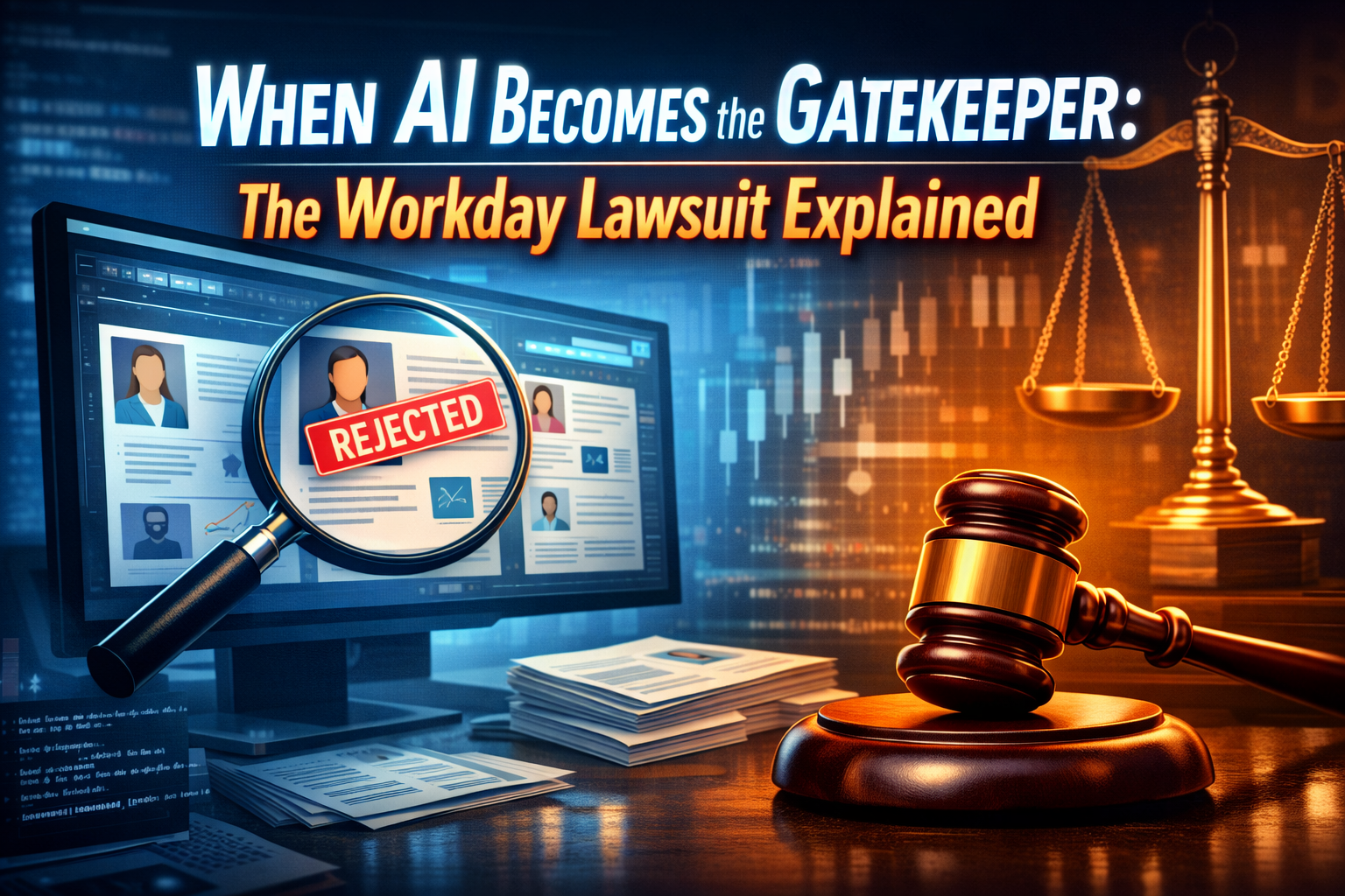 AI hiring software analyzing resumes with legal symbols representing the Workday lawsuit and algorithmic bias concerns.