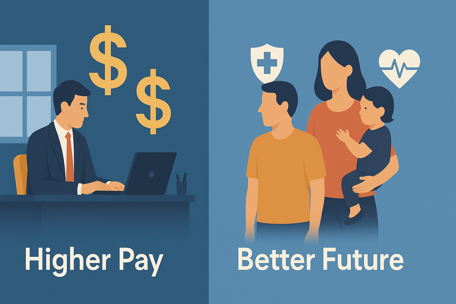 Visual comparison of salary vs total compensation showing how benefits and work-life balance can offset a lower salary