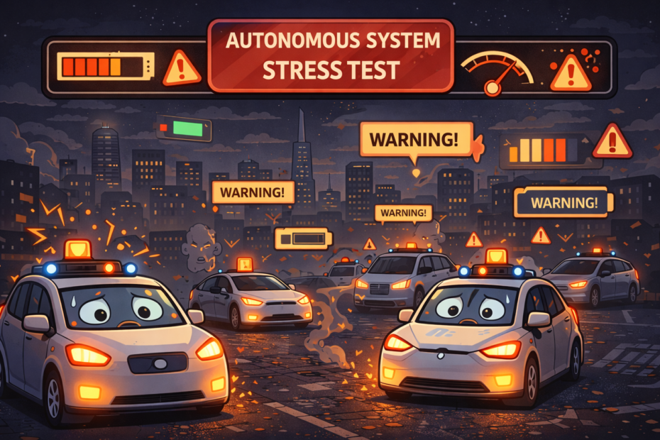 Cartoon city stress test showing autonomous taxis slowing as system alerts appear