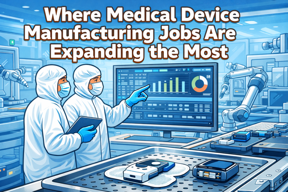 Engineers in a medical device cleanroom assembling wearable health technology on an advanced manufacturing line