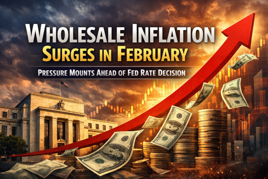 Wholesale inflation rising sharply with upward arrow and Federal Reserve building in background