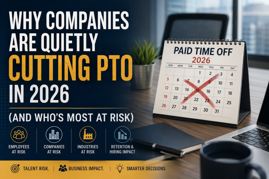 Professional cover image with bold headline about companies quietly cutting PTO in 2026, alongside a desk calendar marked “Paid Time Off 2026” with crossed-out dates, symbolizing reduced time-off benefits and the business risks for employees, companies, and industries.