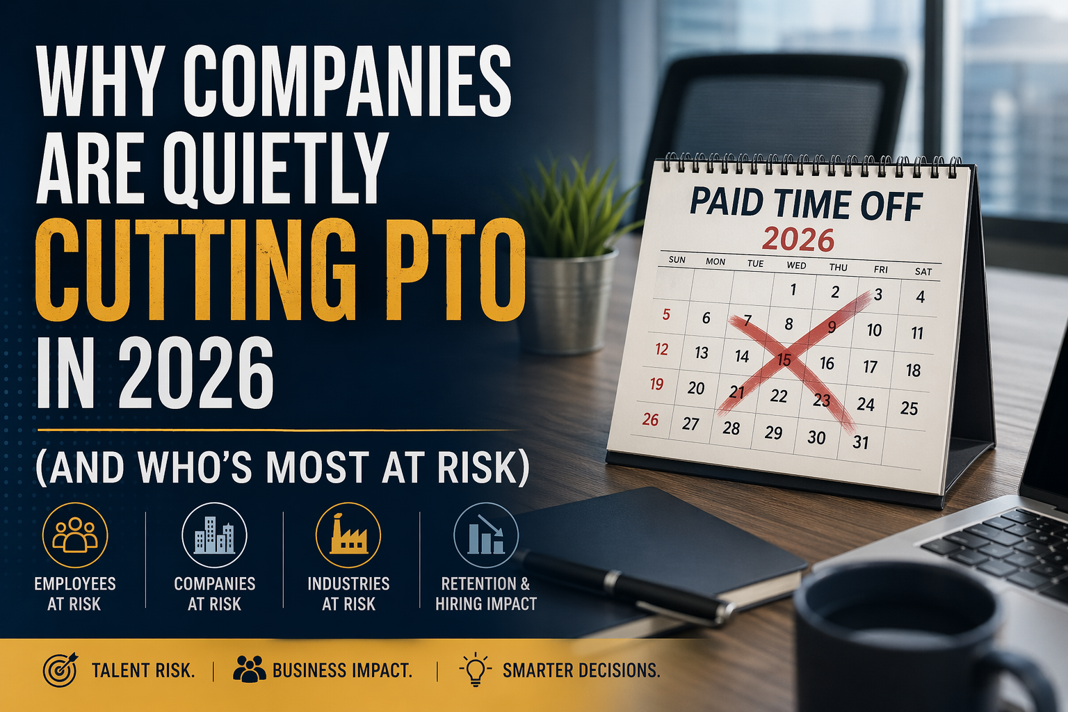 Professional cover image with bold headline about companies quietly cutting PTO in 2026, alongside a desk calendar marked “Paid Time Off 2026” with crossed-out dates, symbolizing reduced time-off benefits and the business risks for employees, companies, and industries.