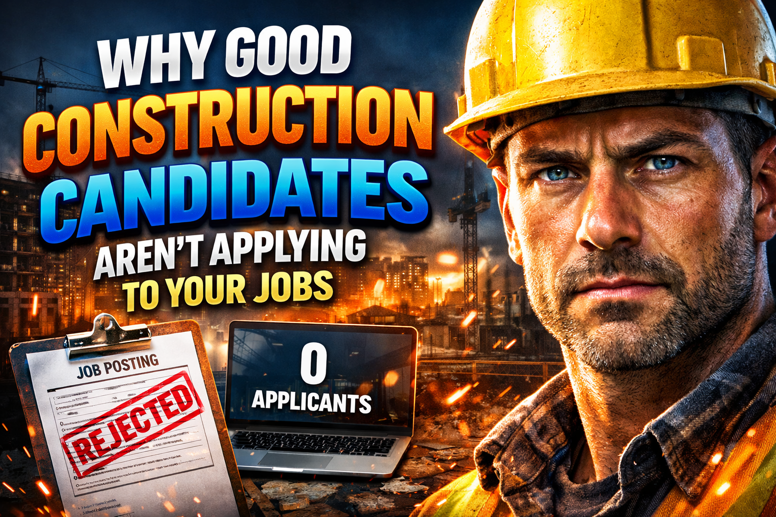 Construction-themed cover image with bold colorful headline text, a serious construction worker in a yellow hard hat, a clipboard stamped “Rejected,” and a laptop showing “0 Applicants” against an active jobsite background.