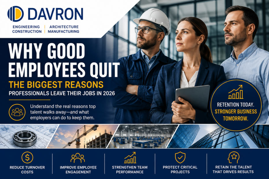 DAVRON cover image showing engineering, construction, architecture, and manufacturing professionals with the headline “Why Good Employees Quit: The Biggest Reasons Professionals Leave Their Jobs in 2026”