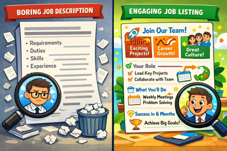 Comparison of traditional job description versus engaging job listing that attracts candidates