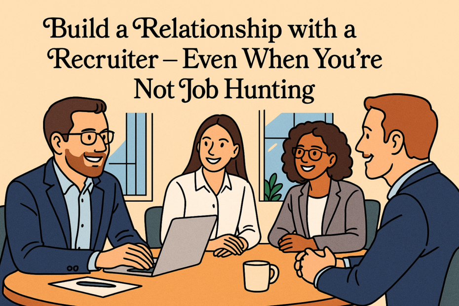 Illustration of professionals in a meeting, with elegant black text reading “Build a Relationship with a Recruiter – Even When You’re Not Job Hunting.”