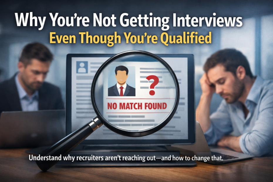 Cover image for “Why You’re Not Getting Interviews Even Though You’re Qualified” showing a recruiter and job seeker blurred in the background, with a magnifying glass over a resume displaying “No Match Found,” representing candidates being overlooked by recruiters.