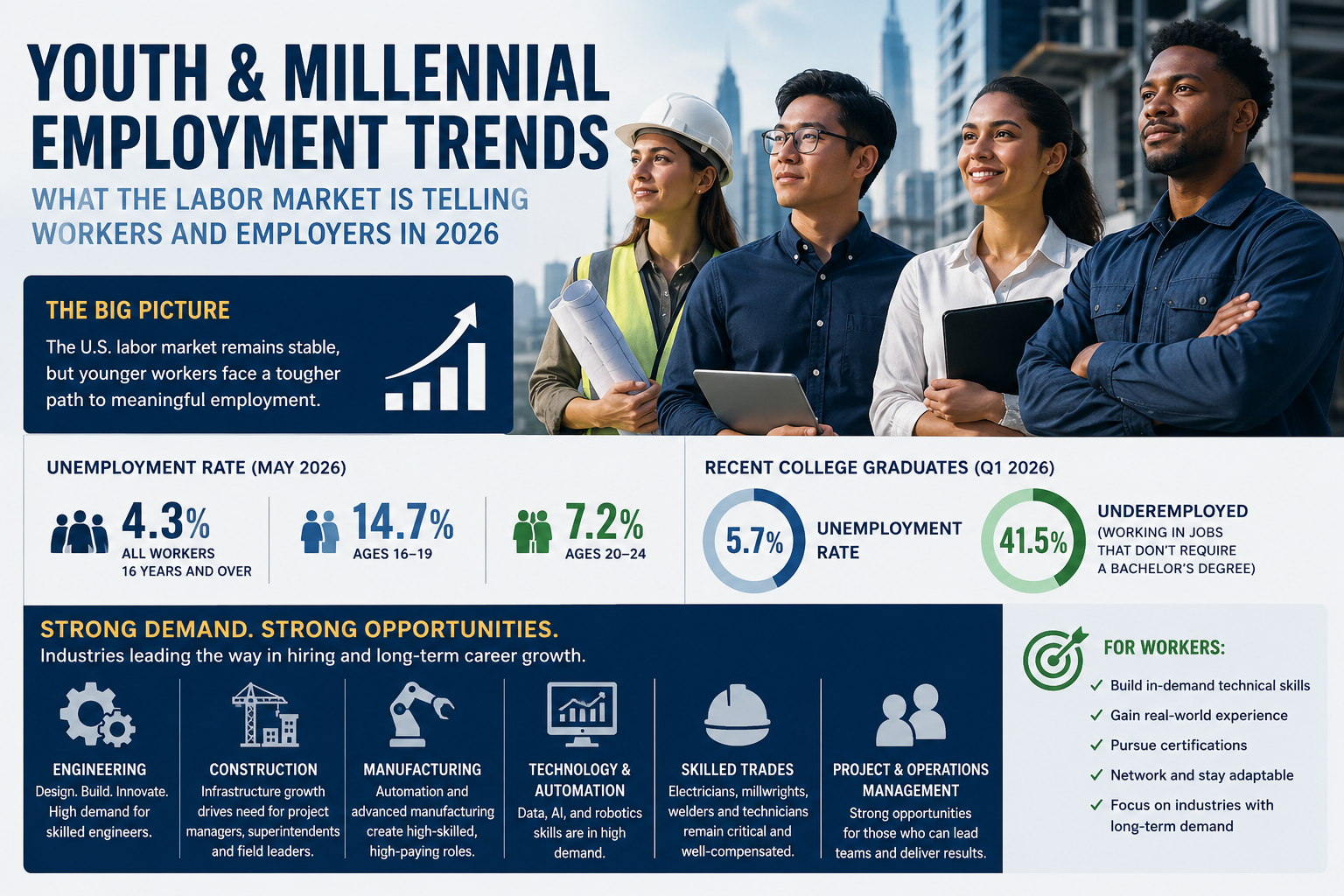 Infographic showing 2026 youth and millennial employment trends, including unemployment rates, recent graduate underemployment, and high-demand careers in engineering, construction, manufacturing, and skilled trades.